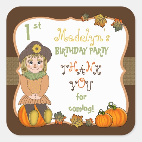 Cute Fall Harvest Doll 1st Birthday Thank You Name Square Sticker