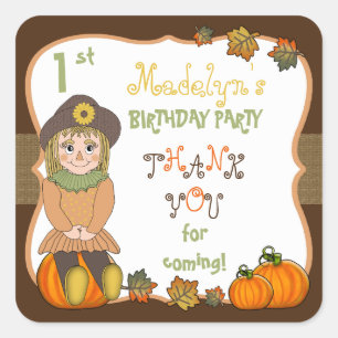 Cute Fall Harvest Doll 1st Birthday Thank You Name Square Sticker
