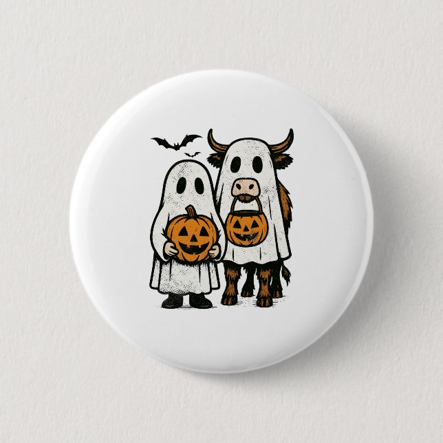 Cute Fall Highland Cow Ghost Halloween 2 Button (Front)