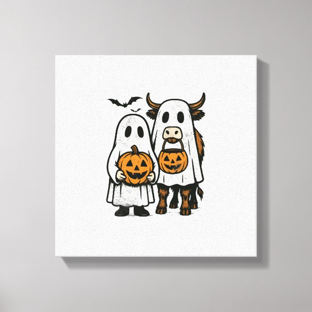 Cute Fall Highland Cow Ghost Halloween 2 Canvas Print (Front)