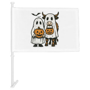 Cute Fall Highland Cow Ghost Halloween 2 Car Flag