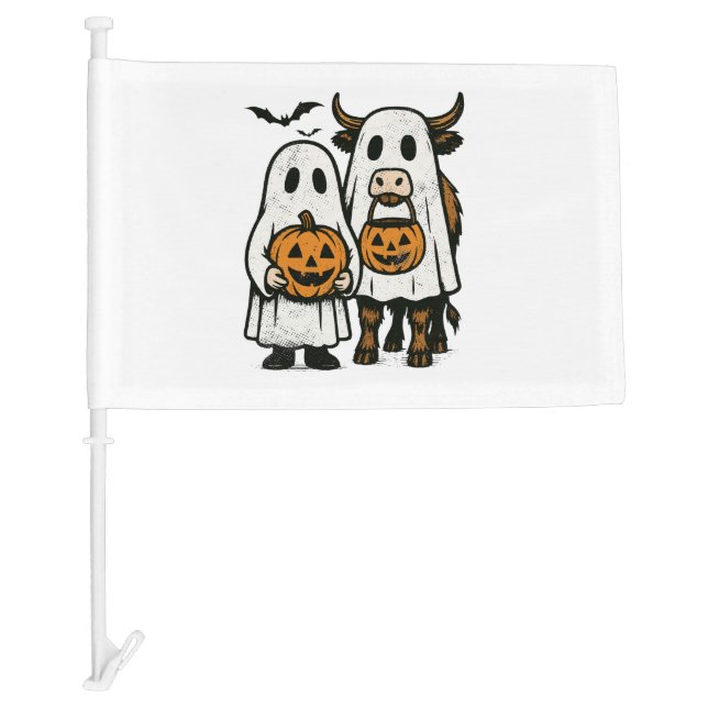 Cute Fall Highland Cow Ghost Halloween 2 Car Flag (Front)