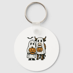 Cute Fall Highland Cow Ghost Halloween 2 Keychain