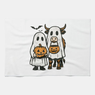Cute Fall Highland Cow Ghost Halloween 2 Kitchen Towel