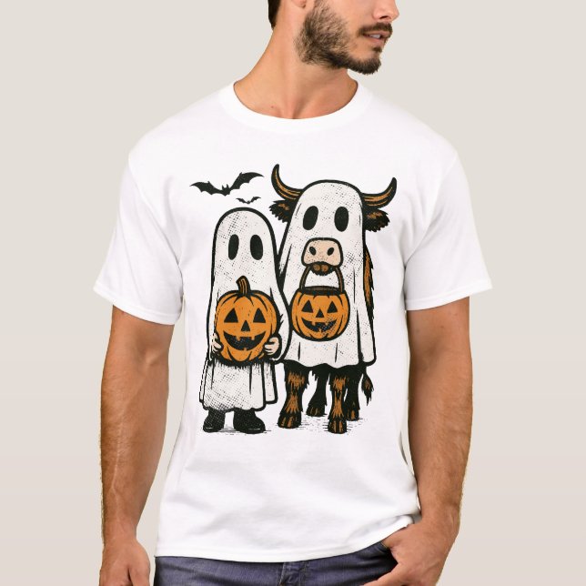 Cute Fall Highland Cow Ghost Halloween 2 T-Shirt (Front)