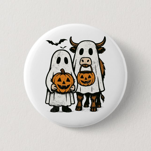 Cute Fall Highland Cow Ghost Halloween Button (Front)
