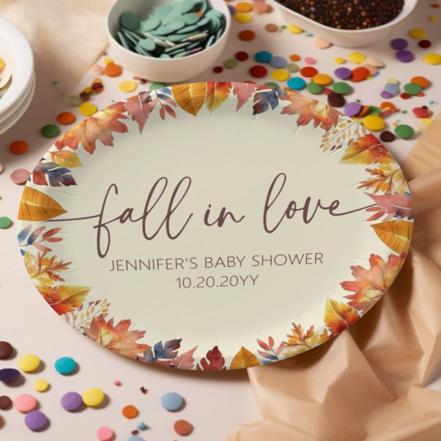 Cute Fall in Love Foliage Baby Shower Paper Plates (fall baby shower party plates, watercolor autumn leaves)