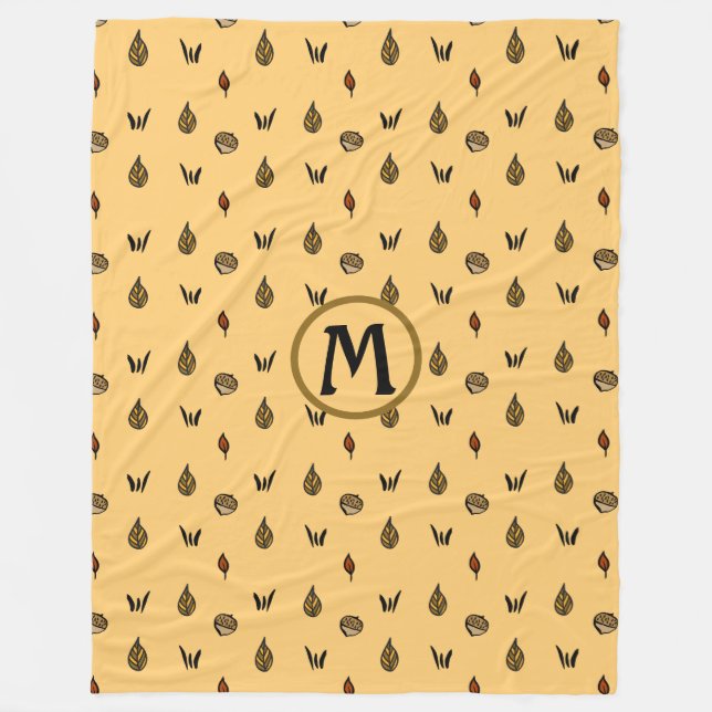 Cute Fall Leaves Acorns Pattern Custom Monogram Fleece Blanket (Front)
