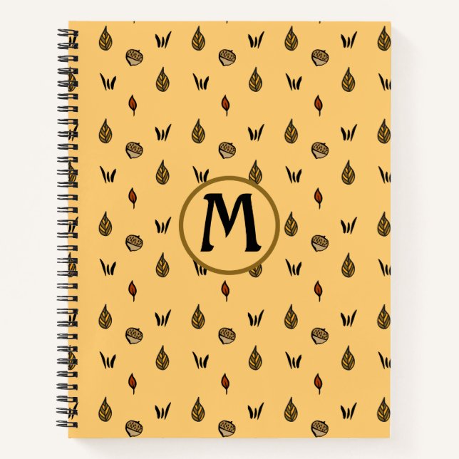 Cute Fall Leaves Acorns Pattern Custom Monogram Notebook (Front)
