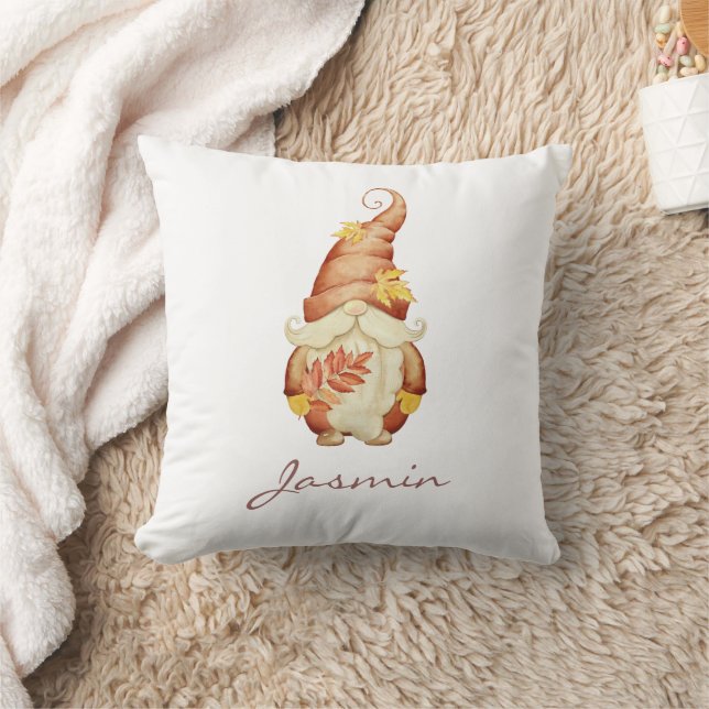 Cute Fall Leaves Autumn Gonk Name Throw Pillow (Blanket)