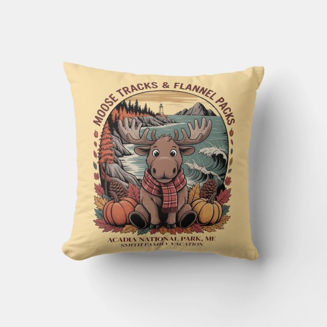 Cute Fall Moose Acadia Family Trip Throw Pillow (Front)