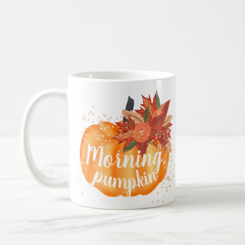 Cute fall morning pumpkin watercolor gold glitter coffee mug