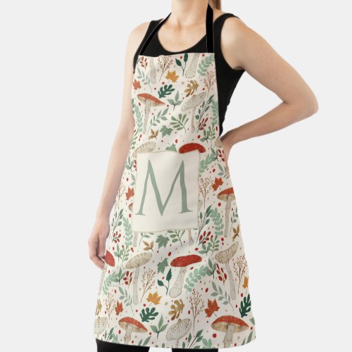 Cute Fall Mushrooms and Leaves Illustration Apron