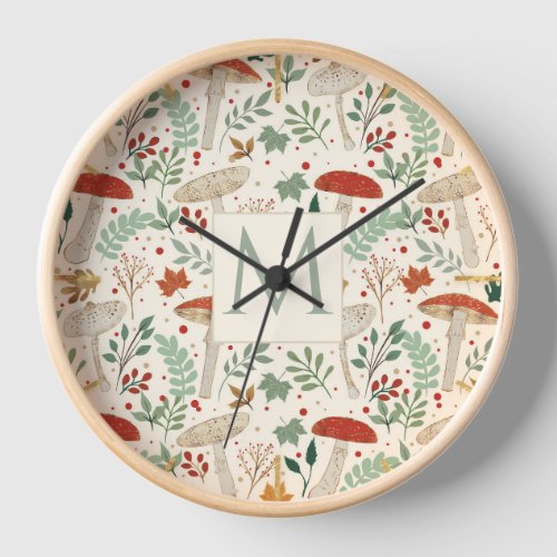 Cute Fall Mushrooms and Leaves Illustration Clock