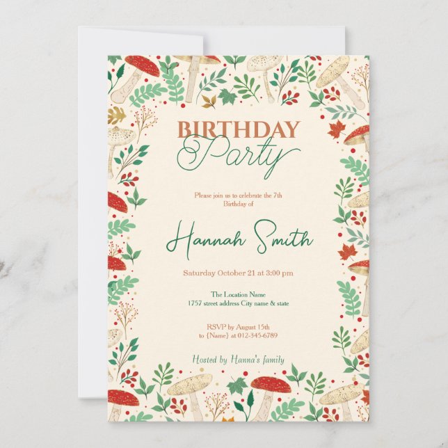 Cute Fall Mushrooms and Leaves Illustration Invitation (Front)