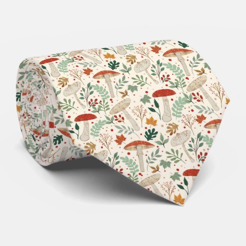 Cute Fall Mushrooms and Leaves Illustration Neck Tie