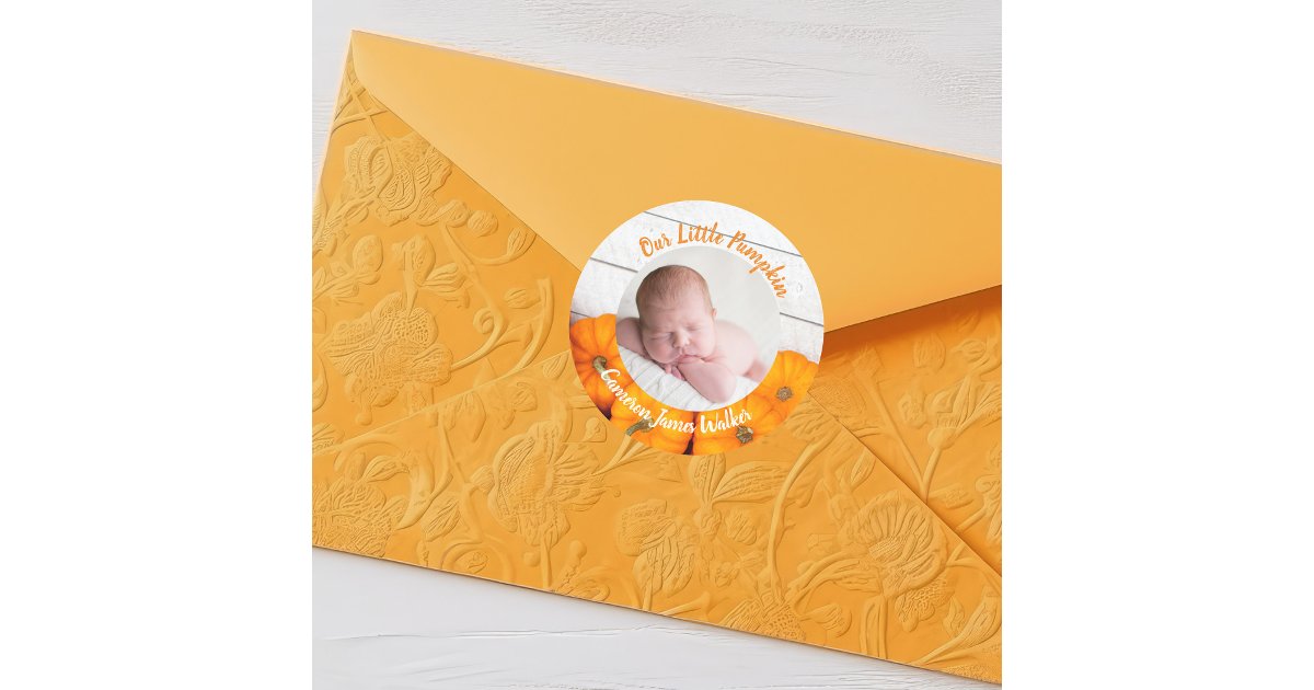 Cute Fall Newborn Photo Baby Our Little Pumpkin Classic Round Sticker ...