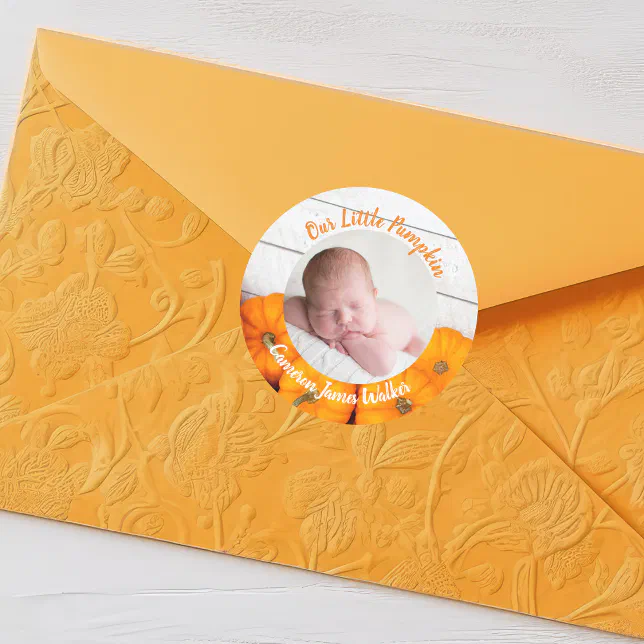 Cute Fall Newborn Photo Baby Our Little Pumpkin Classic Round Sticker ...
