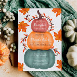 Cute fall orange blue pumpkins baby shower invitation<br><div class="desc">A little pumpkin is on its way! Celebrate your baby shower this fall autumn season with this adorable stack of pumpkins in dusty rose pink,  orange and dusty retro blue with brown vines,  orange leaves and white berries with falling maple leaves. Perfect fall autumn Halloween gender neutral bay shower.</div>