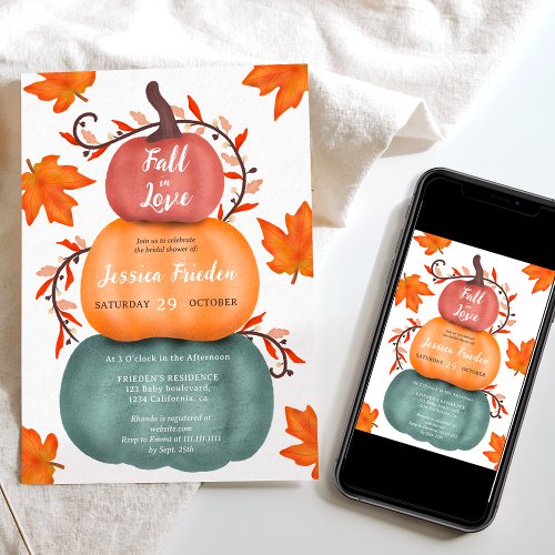 Cute fall orange blue pumpkins bridal shower invitation