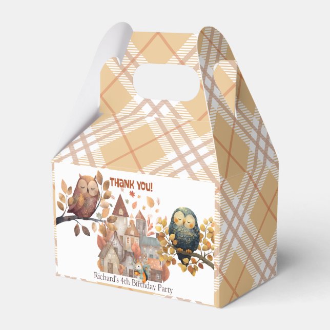 Cute Fall Owl & Squirrel Boy Birthday Favor Boxes (Front Side)