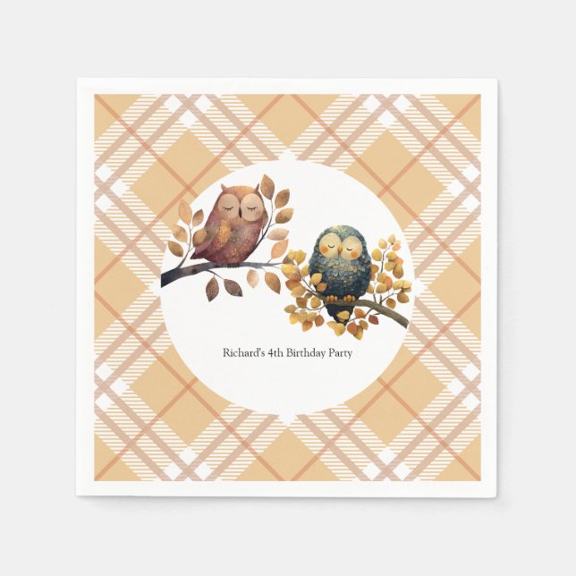 Cute Fall Owl & Squirrel Boy Birthday Napkins (Front)
