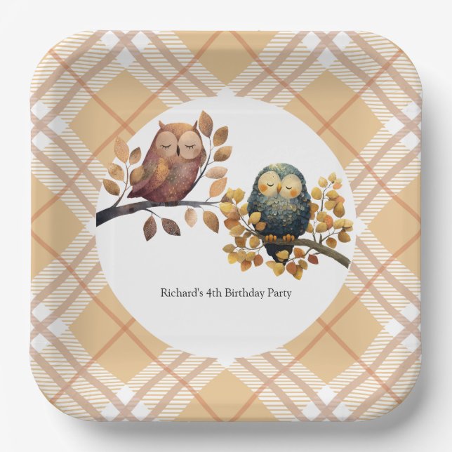 Cute Fall Owl & Squirrel Boy Birthday Paper Plates (Front)