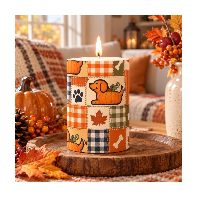 Cute Fall Patchwork Pumpkin Pup  Pillar Candle (Creator Uploaded)