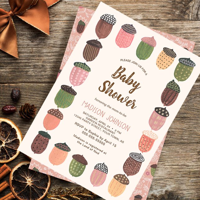 Cute Fall Pink Acorns girl Baby Shower Invitation (Cute Fall Pink Acorns girl Baby Shower Invitation)