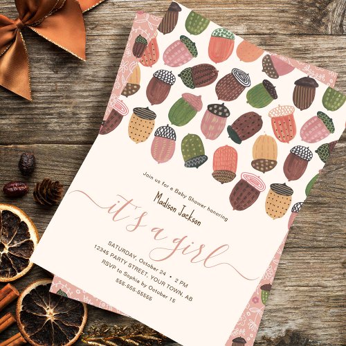 Cute Fall Pink Acorns girl Baby shower Party Invitation