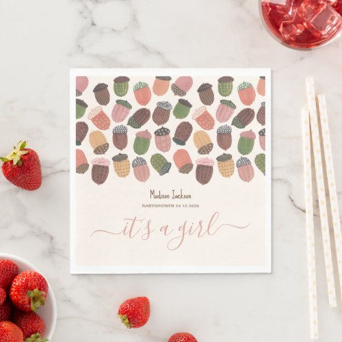 Cute Fall Pink Acorns girl Baby Shower Party Napkins