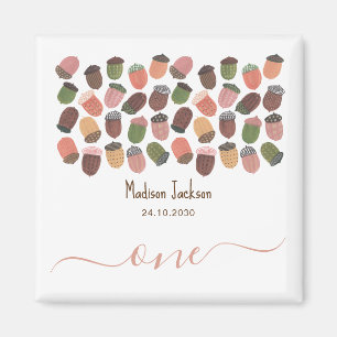 Cute Fall Pink Acorns girl first Birthday Party Magnet