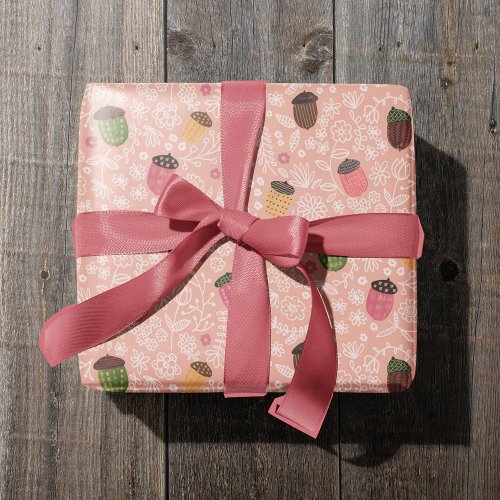 Cute Fall Pink Autumn Acorn Wrapping Paper