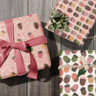 Cute Fall Pink Autumn Acorn Wrapping Paper Sheets