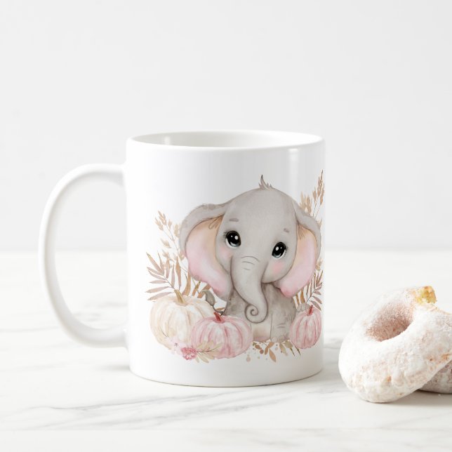 Cute Fall Pink Elephant And Pumpkins Mug (With Donut)