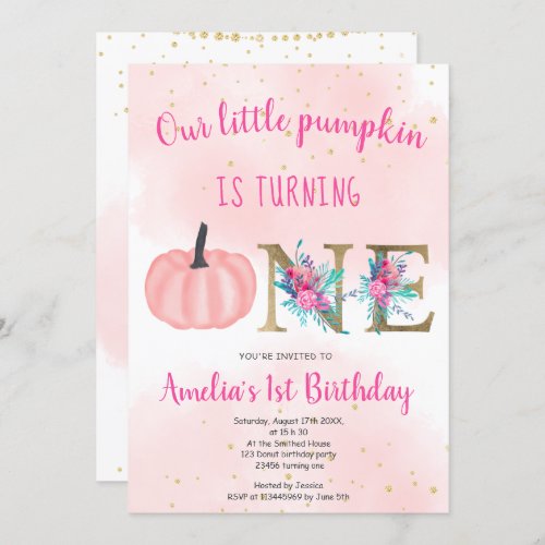 Cute fall Pink gold little pumpkin 1st birthday Invitation