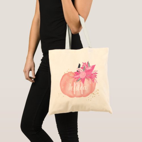 Cute fall pink watercolor pumpkin gold monogram tote bag