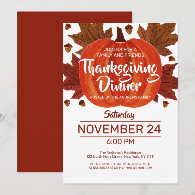 Cute Fall Pumpkin Leaves Watercolor Thanksgiving Invitation (Front/Back)