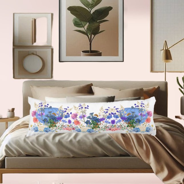 Cute Fall Pumpkin Pastel Blue Botanical Watercolor Body Pillow (Cute Fall Pumpkin Pastel Blue Botanical Watercolor Body Pillow)