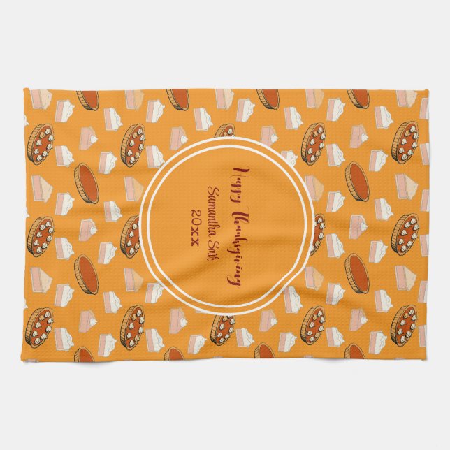 Cute Fall Pumpkin Pies Pattern Happy Thanksgiving  Kitchen Towel (Horizontal)