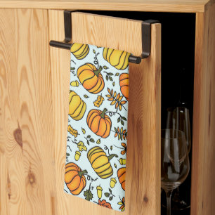 Cute Fall pumpkins boarder Happy Thanksgiving Kitchen Towel