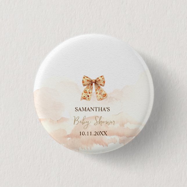 Cute Fall Pumpkins Bow Baby Shower Button (Front)