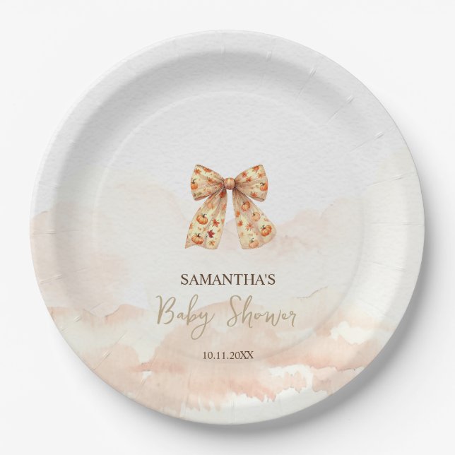 Cute Fall Pumpkins Bow Baby Shower Paper Plates (Front)