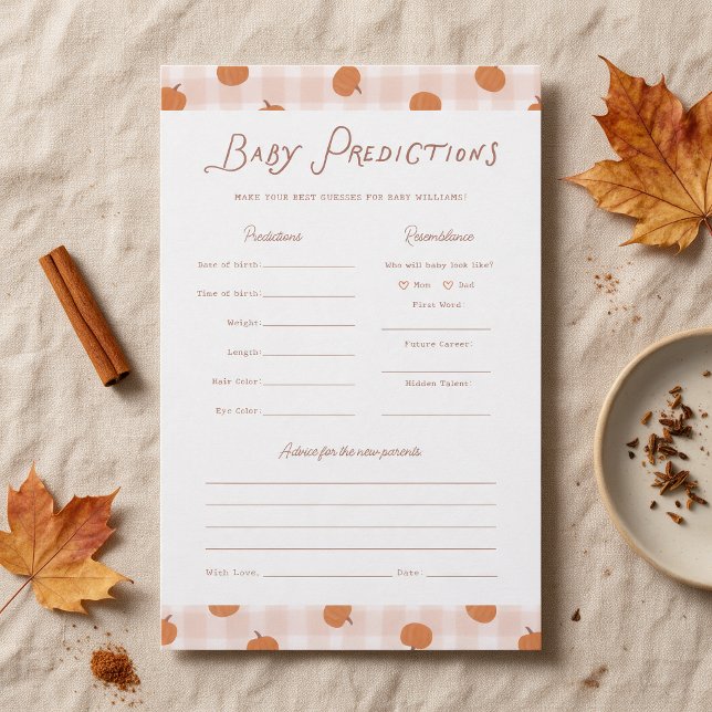 Cute Fall Pumpkins Predictions & Advice Game  (baby predictions game with cute little pumpkins and gingham pattern)
