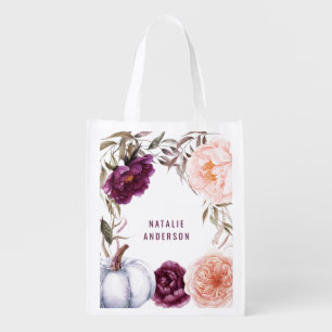 cute fall purple pink floral elegant personalized  grocery bag