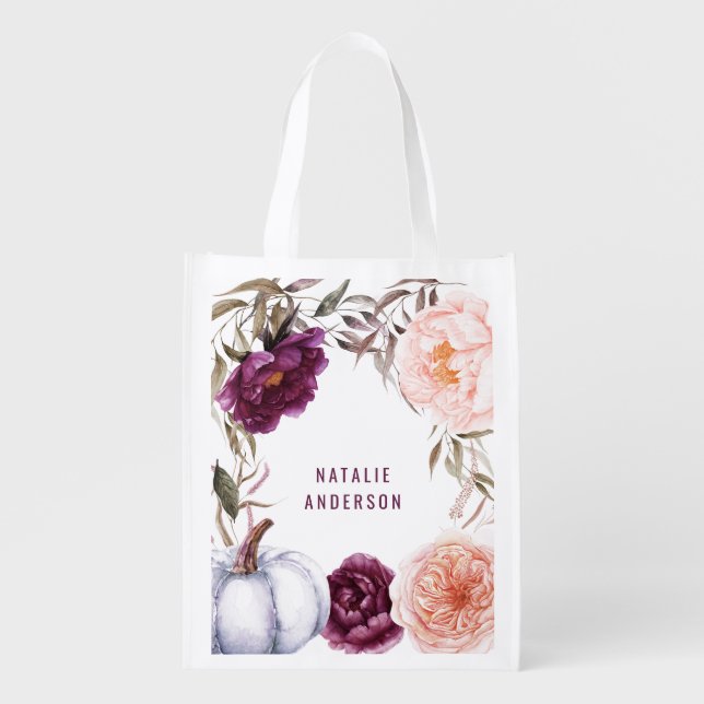 cute fall purple pink floral elegant personalized  grocery bag (Front)