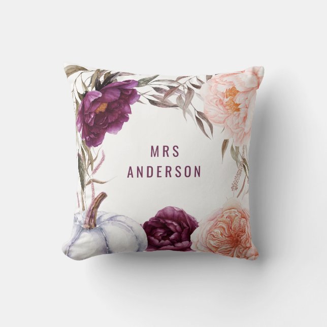 cute fall purple pink floral elegant personalized throw pillow (Front)