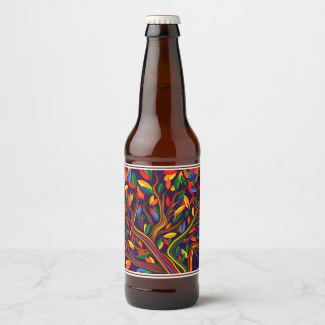 Cute Fall Rainbow Tree Purple Autumn Thanksgiving Beer Bottle Label (Front)