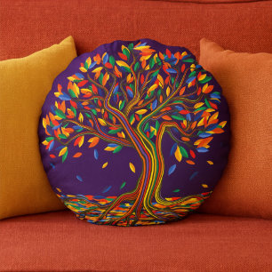 Cute Fall Rainbow Tree Purple Autumn Thanksgiving Round Pillow