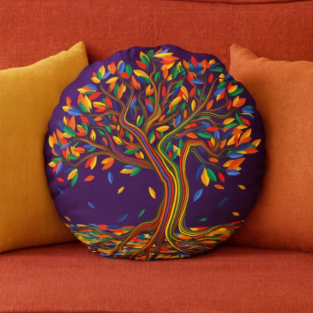 Cute Fall Rainbow Tree Purple Autumn Thanksgiving Round Pillow (Creator Uploaded)